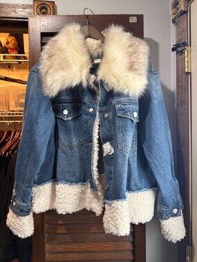 Denim Sherpa Jacket with Faux Fur Collar - Blue